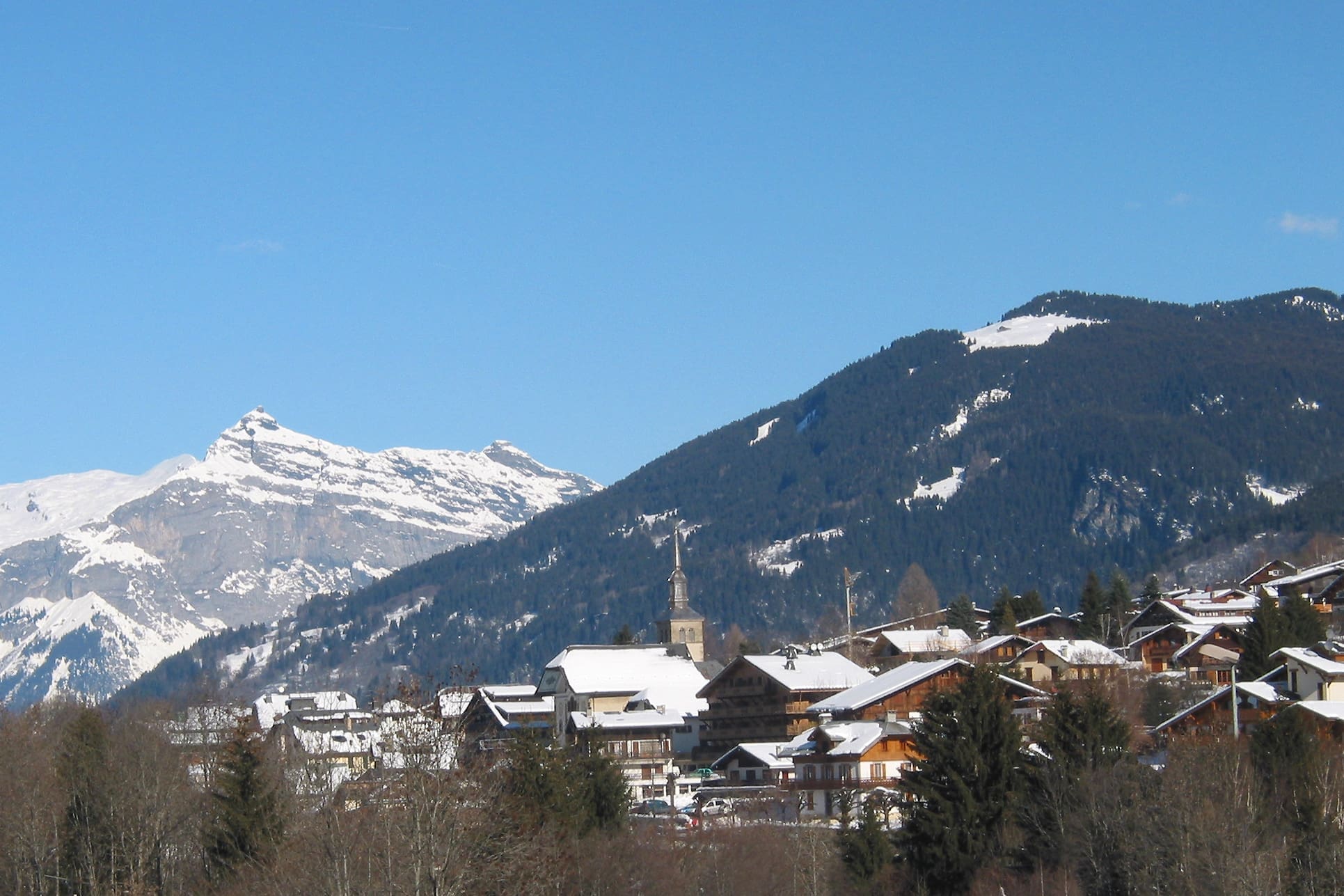 View of Les Contamines-Montjoie village in winter