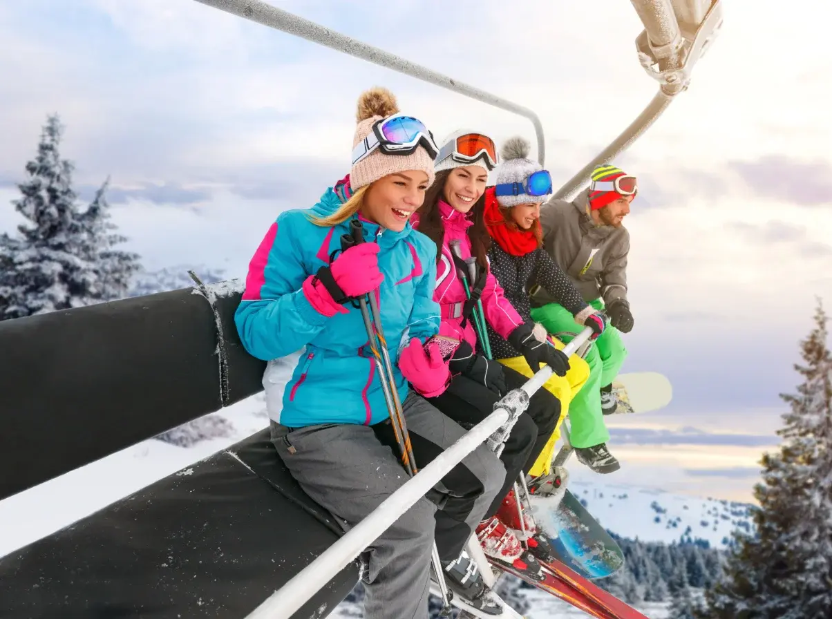 A group having fun on a ski lift