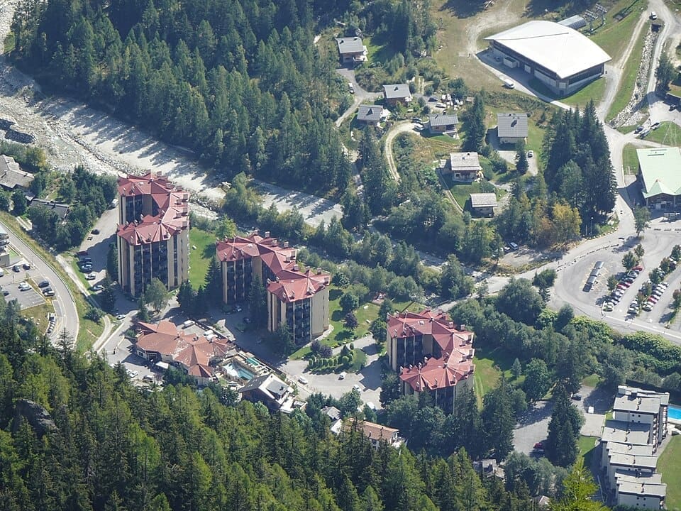 View of Argentière village and the surrounding Chamonix valley peaks
