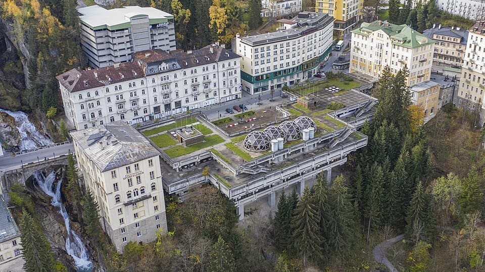 Aerial view of Bad Gastein town and mountains