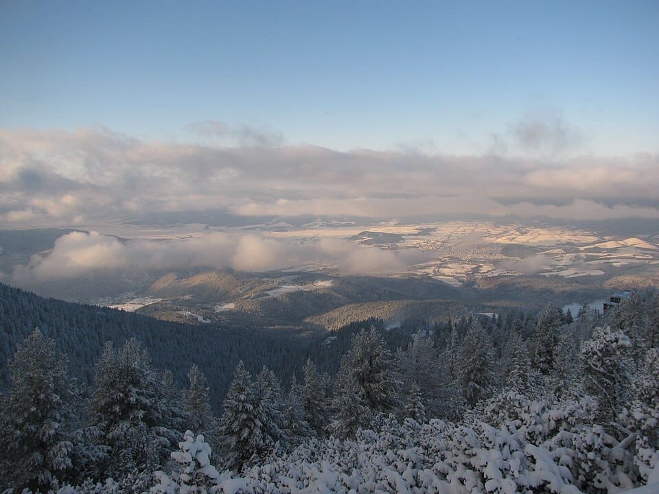 View of Samokov Valley from the snowy slopes of Borovets