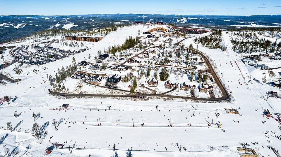 Aerial view of the Branäs ski resort slopes in Sweden