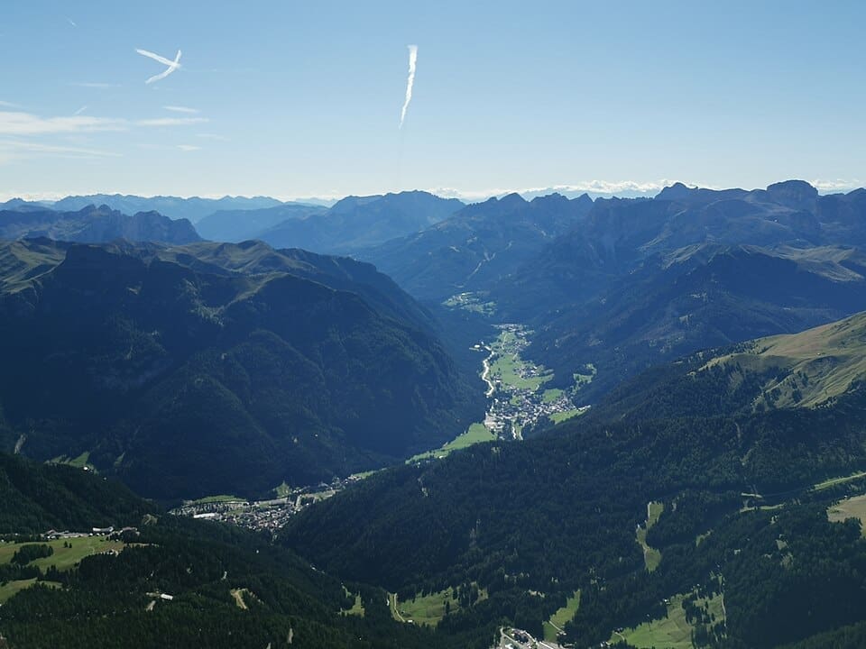 Canazei and Campitello di Fassa in Fassa valley, view from Sass Pordoi