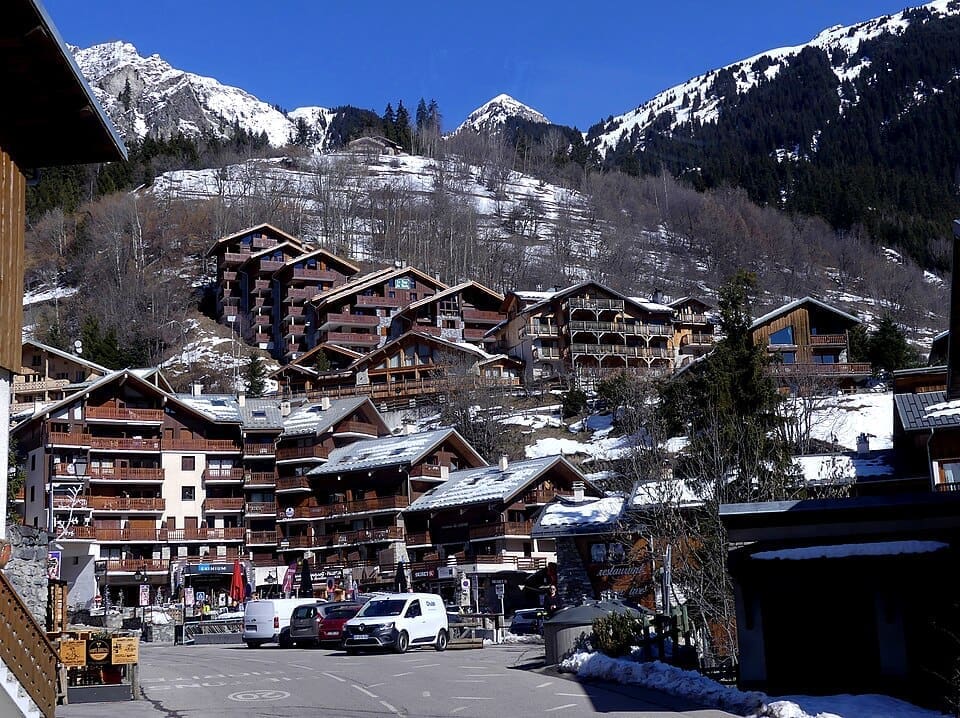 Sight, in winter, of Champagny-en-Vanoise village, in Savoie, France.