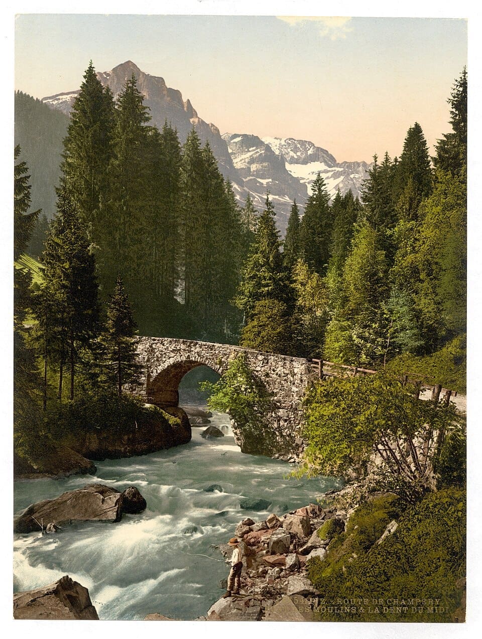 Historical photochrom print of Champéry and the Dents du Midi