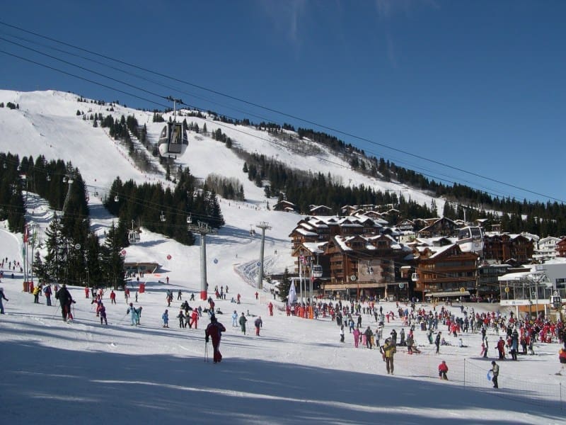 View of the snow-covered village of Courchevel 1850 in the French Alps