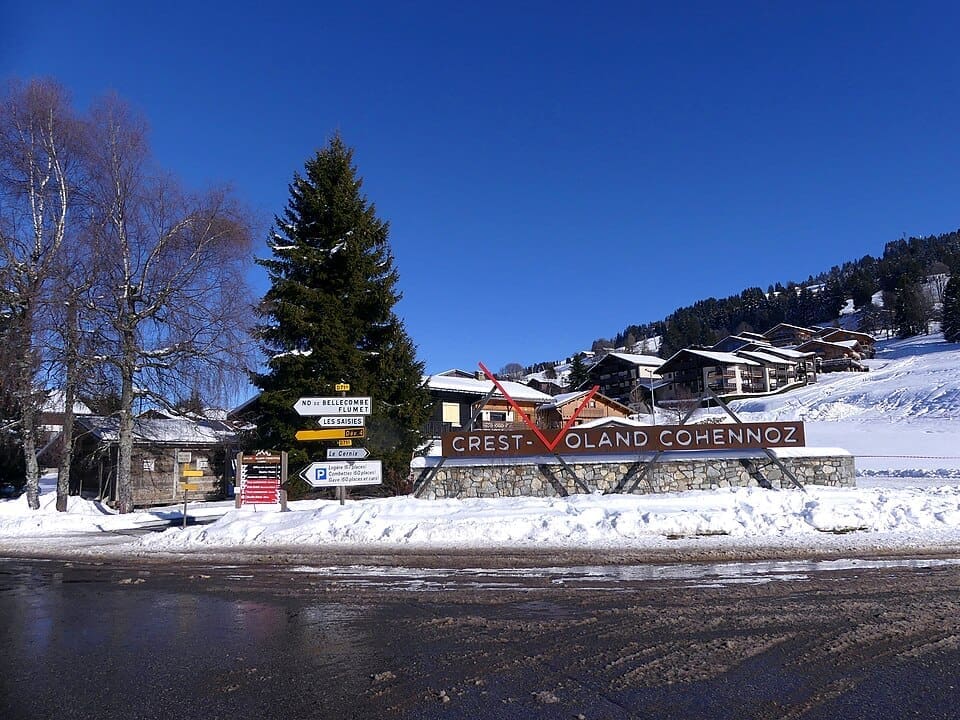 Sight, in winter, of the snow-covered Crest-Voland village and ski resort, Savoie, France.