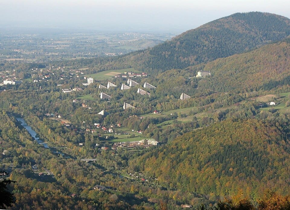 View of the Czantoria mountain and ski resort in Ustroń in winter