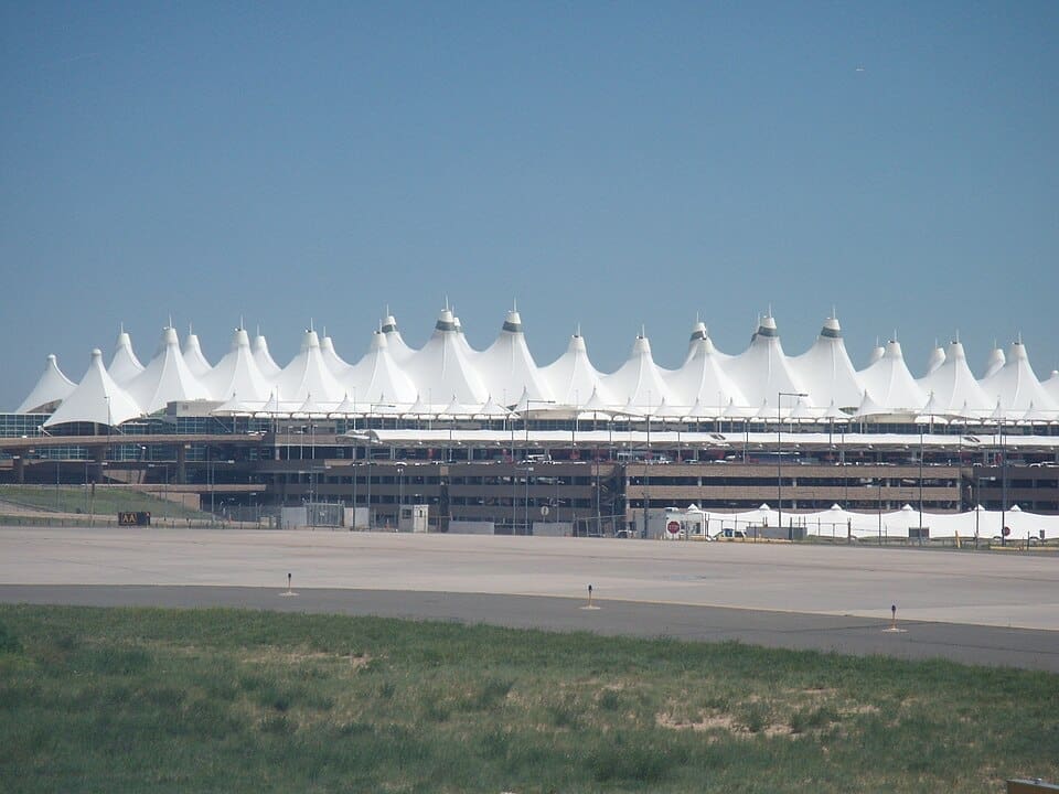 The iconic white tension fabric roof of Denver International Airport