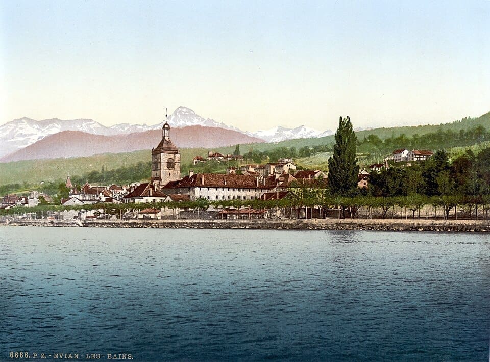 Historical landscape view of Evian-les-Bains on the shore of Lake Geneva