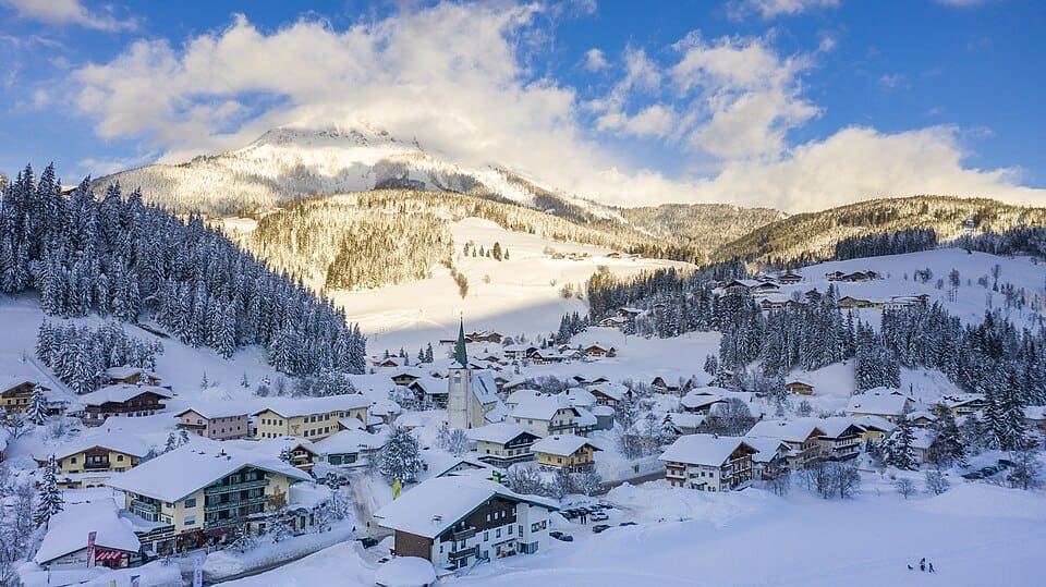 Aerial view of Filzmoos village covered in snow during winter