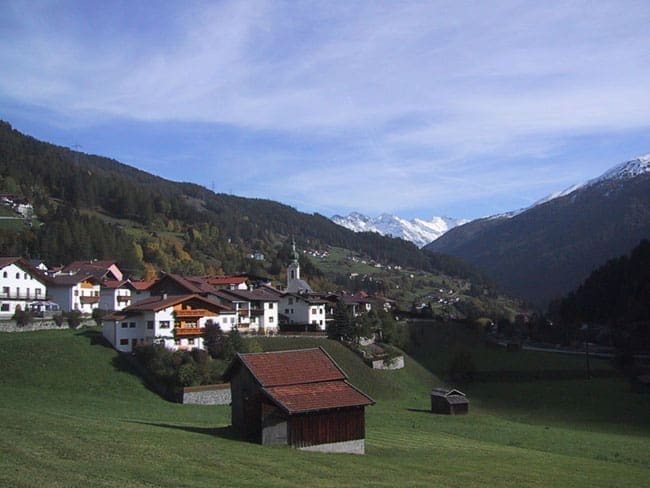 View of the village of Flirsch in the Tyrolean Alps during spring