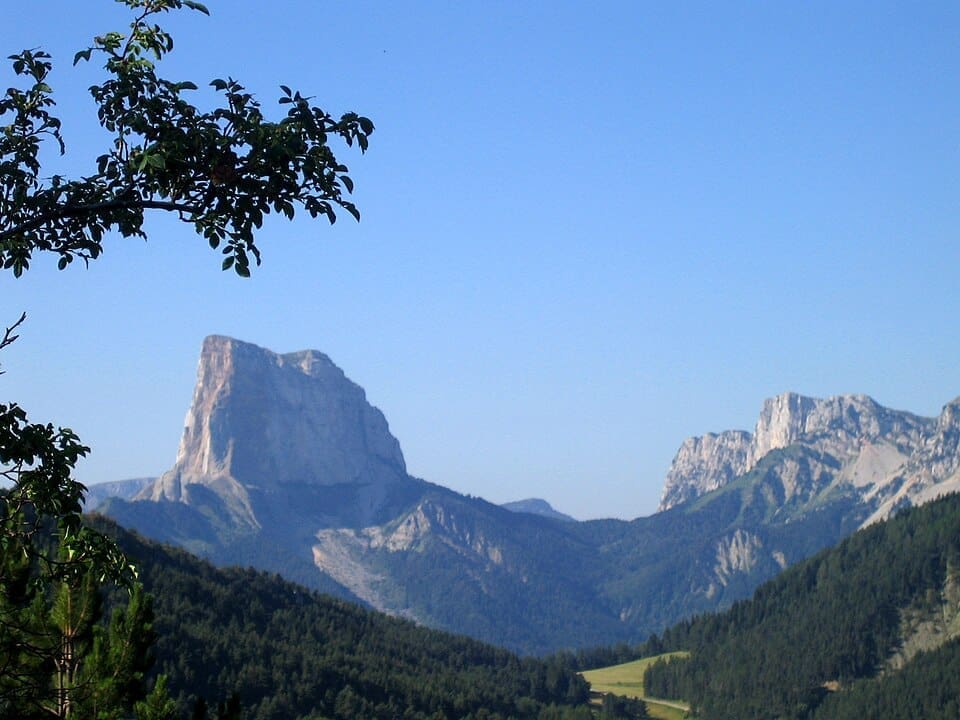 View of the Mont Aiguille from above Gresse-en-Vercors in summer
