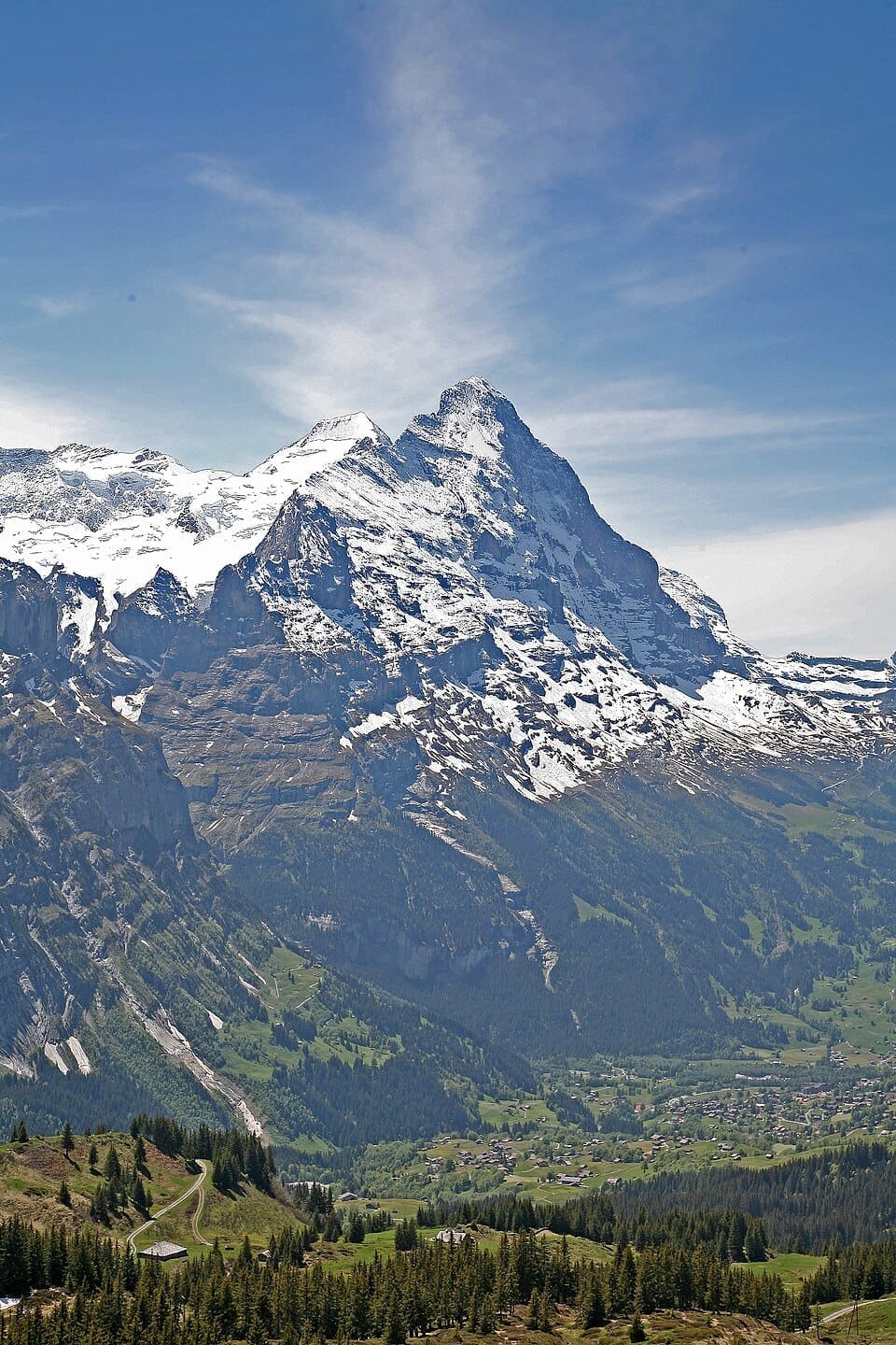 Landscape view of Grindelwald village and the imposing Eiger North Face