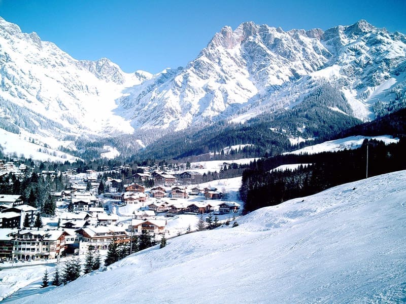 Hochkönig mountain viewed from the sunny village of Hinterthal