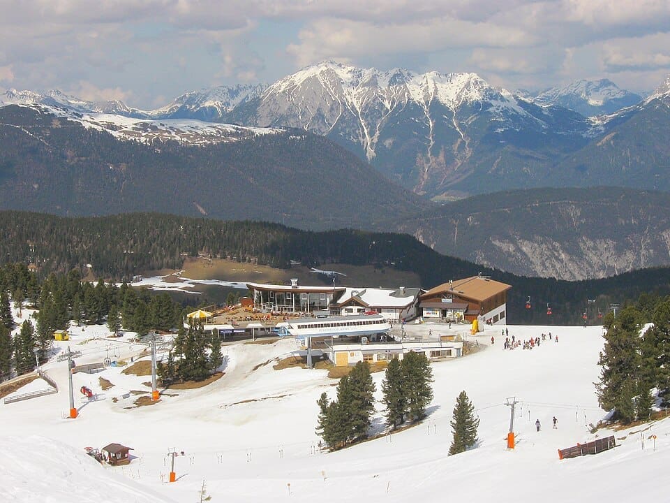 Upper station of the gondolas at Hochoetz ski area, with views of the Mieming mountain ridge
