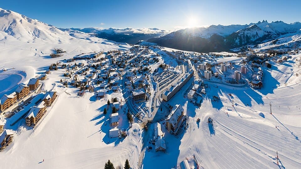 Sunrise panorama over La Toussuire ski resort