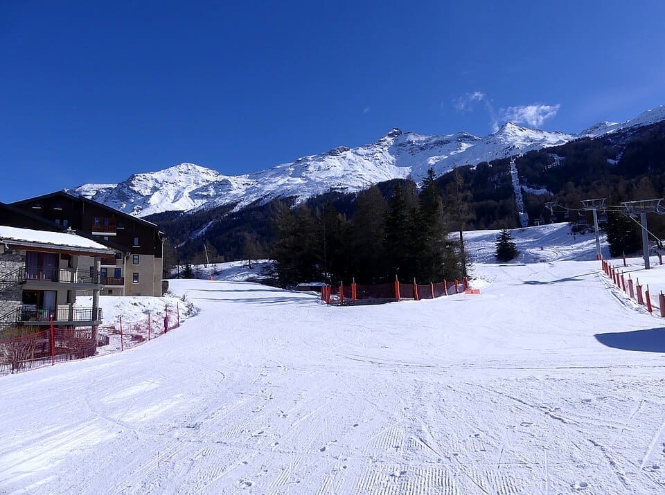 Snow front of Lanslevillard ski resort in winter