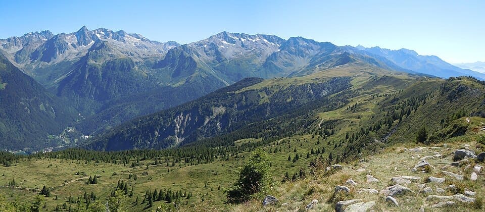 Panoramic view of the Les 7 Laux massif from Grand Rocher in the Belledonne mountains