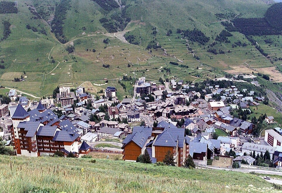 View of Les Deux Alpes village and surrounding French Alps