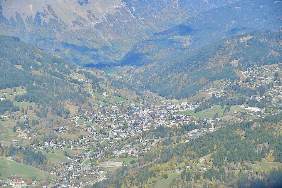 Aerial view of Les Gets village and surrounding mountains