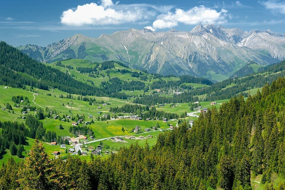 Landscape view of Les Mosses and La Lécherette plateau against the Vaud Alps