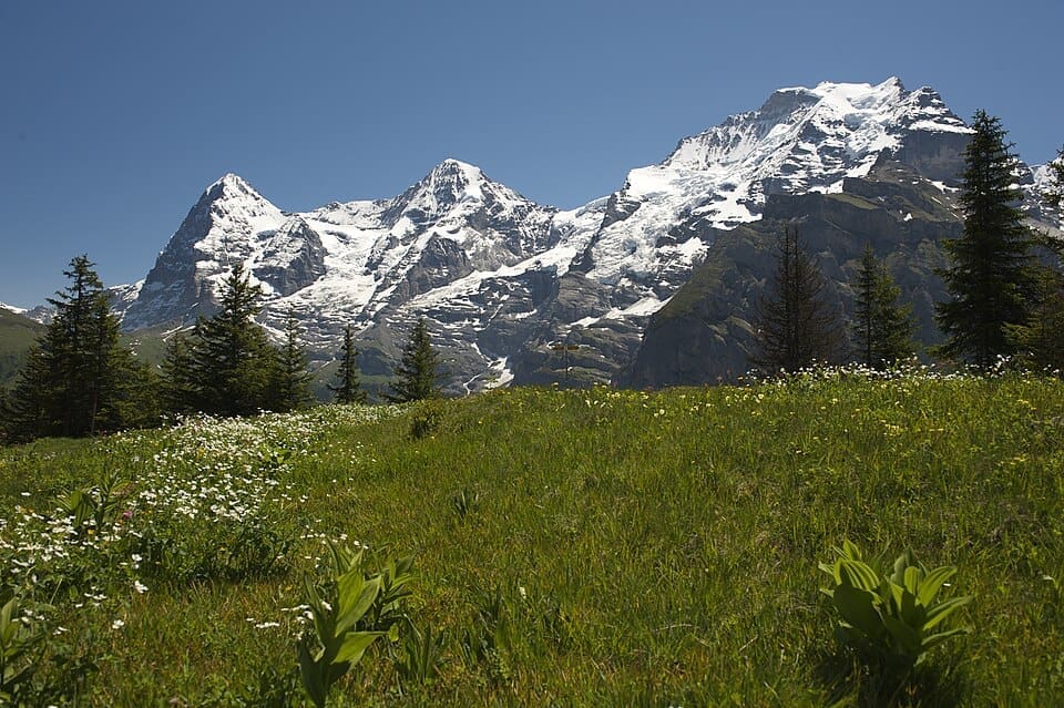 View of the car-free village of Mürren with the Eiger, Mönch, and Jungfrau mountains in the background