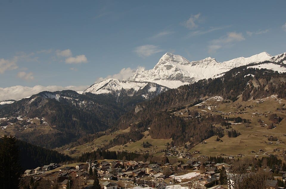 Notre-Dame-de-Bellecombe village with the Mont Charvin in the background