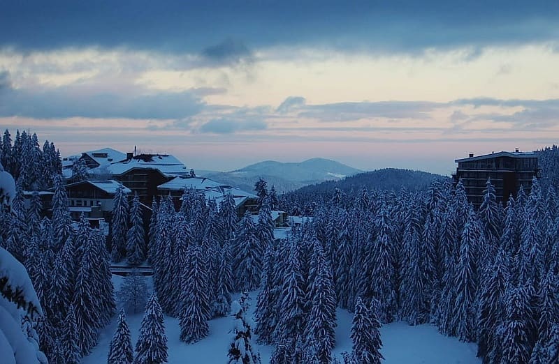 Landscape view of Pamporovo ski resort and surrounding pine forests in the Rhodope Mountains.