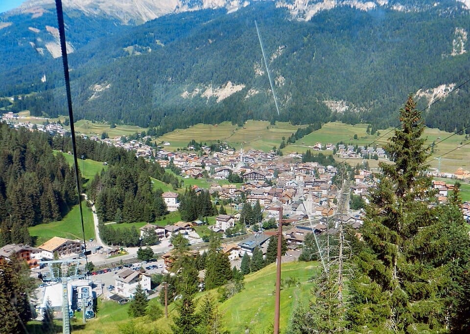 View of Pozza di Fassa village from the Buffaure gondola