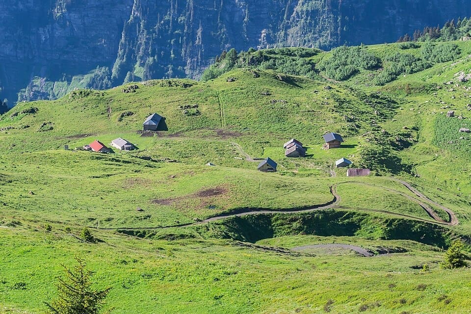 Traditional alpine Chalets de Lens with mountain landscape in Saint-Jean-d'Aulps