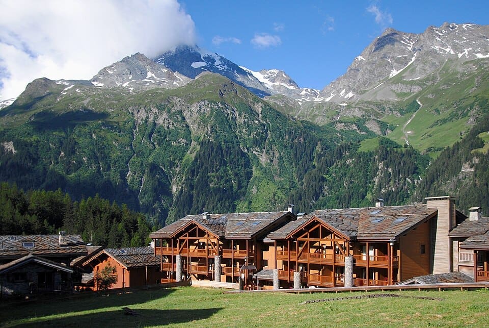 Sainte-Foy Bonconseil village with Mont Pourri and Aiguille Rouge in the background