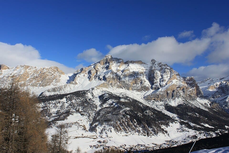 San Cassiano village with Lavarella and Conturines mountains in the background