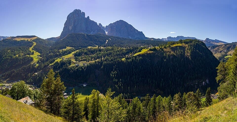 Santa Cristina Val Gardena landscape and Monte Pana plateau in winter