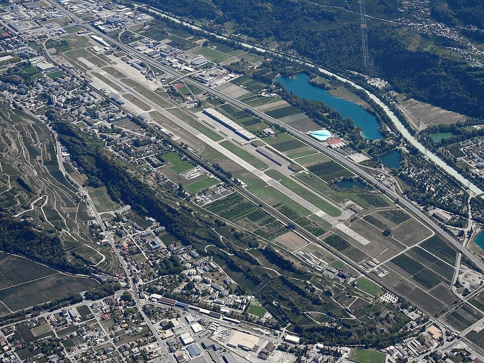 Aerial image of Sion Airport in the Rhone Valley