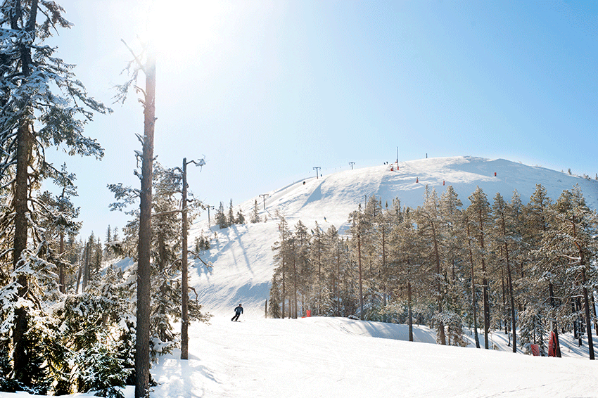 Sunny winter day on the slopes of Stöten ski resort in Sälen, Sweden