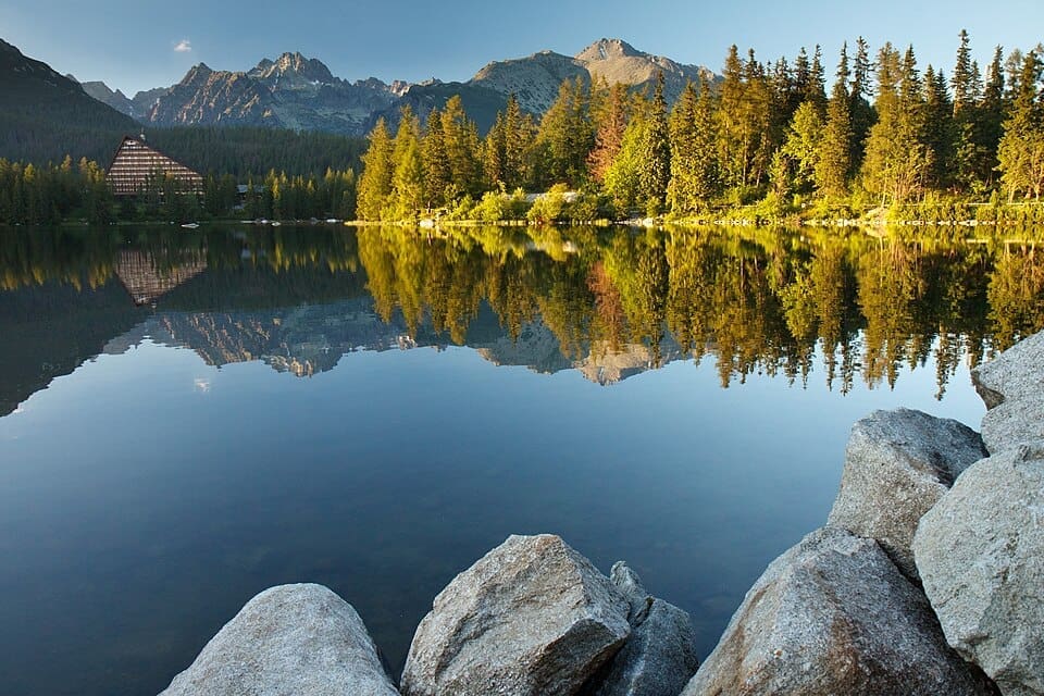 Landscape view of Štrbské Pleso lake and the High Tatras mountains