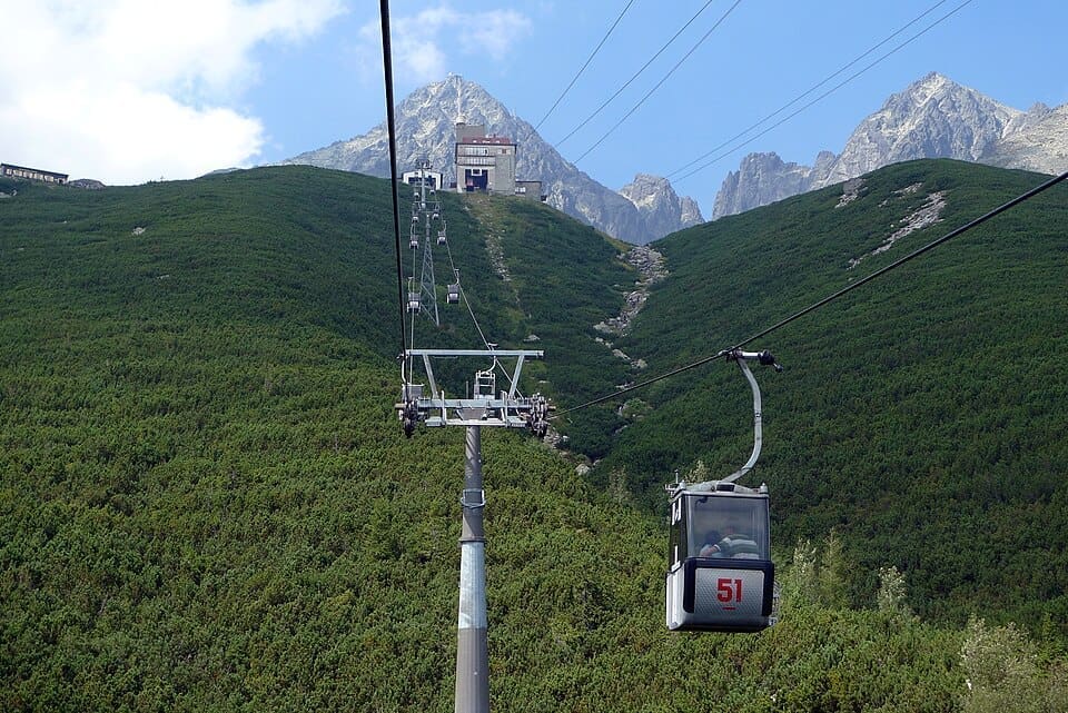 Gondola lift moving up the mountain at Tatranská Lomnica ski resort