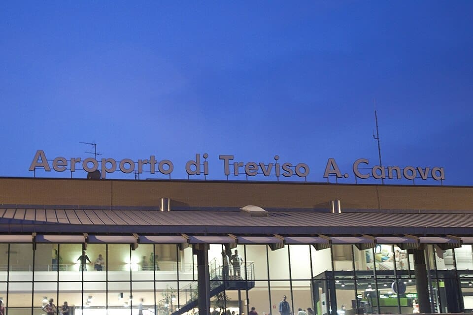 Exterior view of the Treviso Airport terminal building at night